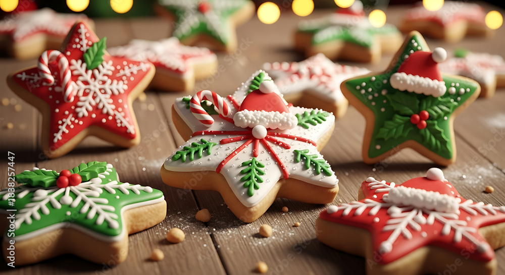 Obraz premium Festive starshaped christmas cookies decorated with red and green icing, adorned with snowflakes, candy canes, and santa hats, arranged on a wooden surface with soft bokeh lights in the background, cr