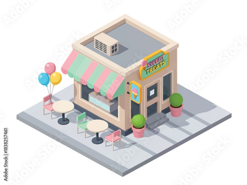 Squared 3D Isometric View Vector of a cute ice cream shop with pastel awning, signboard, balloons, outdoor seating, and children lining up. Ideal for kids branding, sweets, and storefront concepts