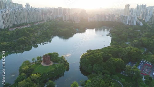 Foshan City Aerial Park and Lake at Sunrise, Chancheng District