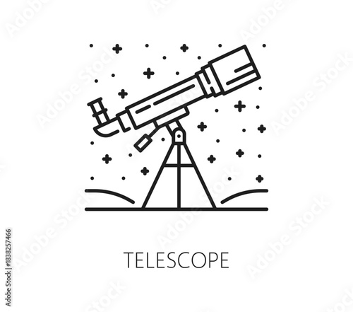 Space telescope optics and cosmos line icon. Space research or discovery lineart vector symbol, astronomy exploration pictogram. Cosmos flight thin line icon or galaxy outerspace travel outline sign