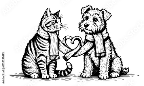 Cute cat and dog friends with scarf forming heart shape vector illustration sketch style depicting animal friendship and love