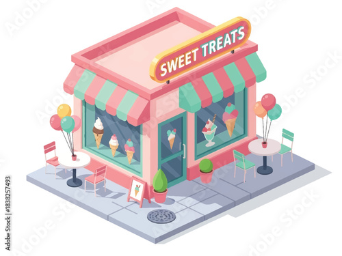Squared 3D Isometric View Vector of a cute ice cream shop with pastel awning, signboard, balloons, outdoor seating, and children lining up. Ideal for kids branding, sweets, and storefront concepts