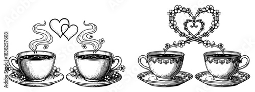 Vector engraving illustration set of coffee cups with heart shaped steam and floral vines hand drawn sketch of hot beverage mugs for valentine day dating