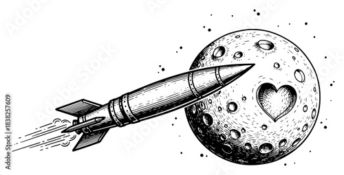 Vector engraving illustration of a retro rocket ship flying to a moon with a heart crater hand drawn sketch of space travel symbolizing love journey