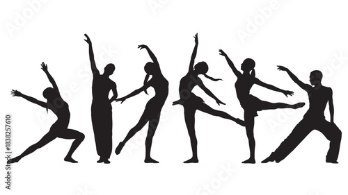 Dancers in various poses in black silhouette on white background in modern minimalist style for fitness and wellness