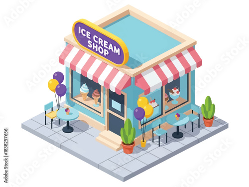 Squared 3D Isometric View Vector of a cute ice cream shop with pastel awning, signboard, balloons, outdoor seating, and children lining up. Ideal for kids branding, sweets, and storefront concepts