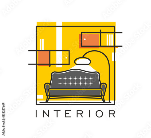 Home interior and furniture shop line icon. Home furniture shop vector icon, office or hotel decor store label. Apartment interior atelier emblem with buttoned sofa, tall arc lamp and wall shelves