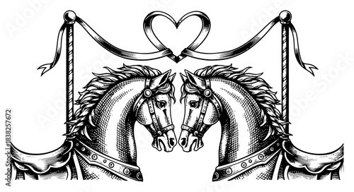 Two vintage carousel horses facing each other with decorative heart ribbon arch in retro engraving style vector illustration