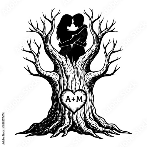 Romantic tree with silhouette of hugging couple in branches and carved heart with initials on trunk vector illustration