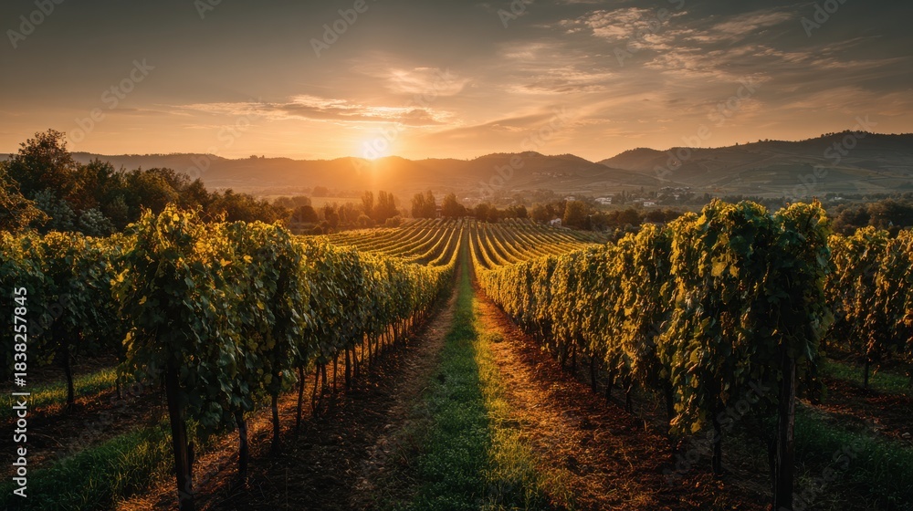 Fototapeta premium Rows of grapevines stretch towards the horizon as the sun sets behind hills. The sky shows warm colors while the vineyard shows signs of the harvest season