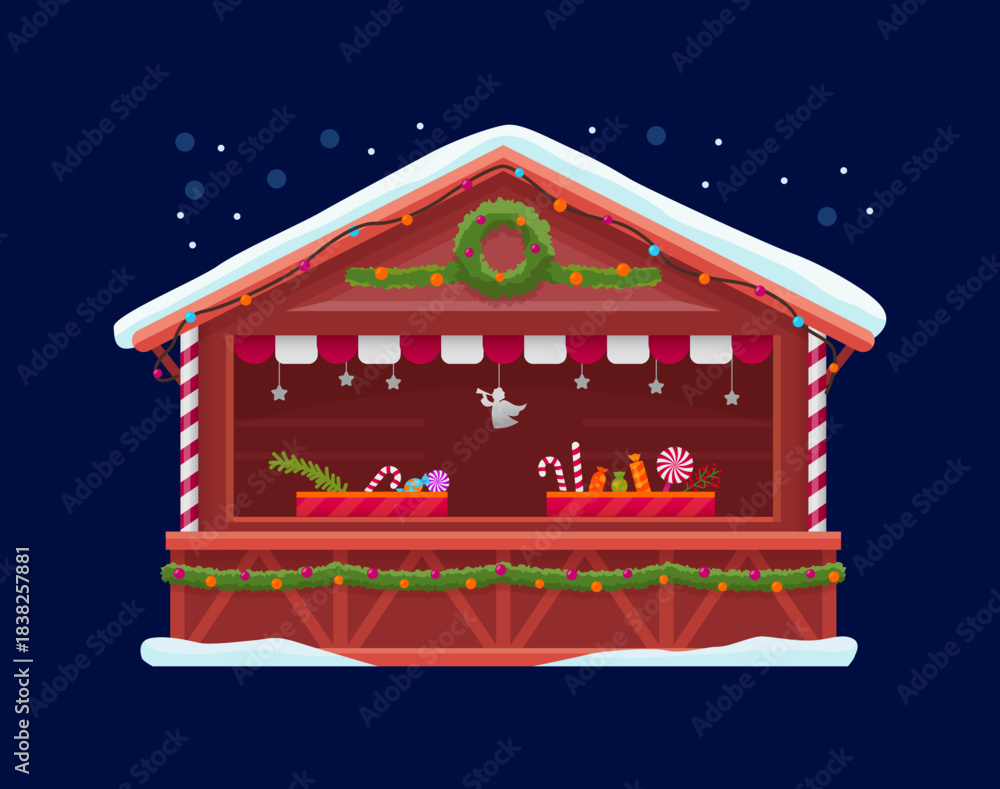 Naklejka premium Christmas market booth with winter holiday treats or street bazaar kiosk stall, cartoon vector. Christmas market store booth or shop kiosk stand with candy canes and New Year confection sweets