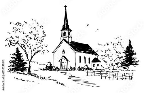 Small country church vector illustration hand drawn sketch landscape representing rural chapel and religious faith