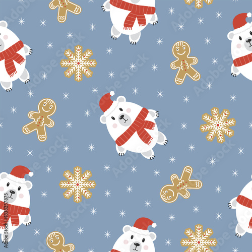 Seamless winter pattern with a teddy bear in a Santa hat and gingerbread cookies. Print, wallpaper for Christmas and New Year children's gifts, cards, banners, and backgrounds.