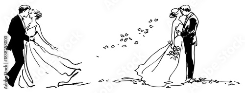 Bride and groom kissing under falling petals vector illustration hand drawn sketch representing romantic wedding love