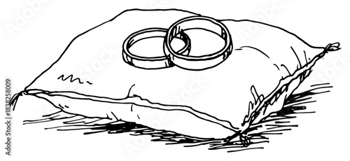 Wedding rings resting on a soft pillow vector illustration hand drawn sketch representing marriage ceremony and jewelry