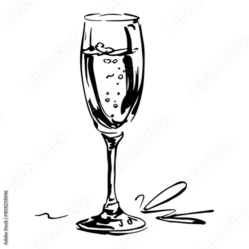 Vector line art illustration of a full champagne glass with bubbles hand drawn sketch of a sparkling wine flute for celebratory toast