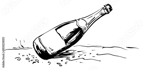 Vector line art illustration of a champagne bottle lying on the ground with confetti hand drawn sketch of sparkling wine container for party event
