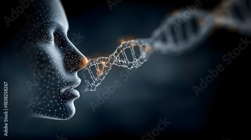 Digital Human face and DNA double helix on a blue technology background. DNA molecule hologram and AI robot head. Futuristic biotechnology and Science tech concept. Vector healthcare illustration