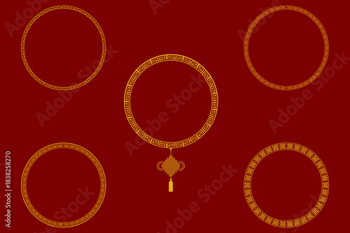 A set of five decorative golden circular border frames with traditional Chinese ornament