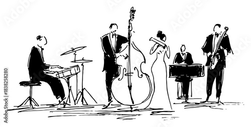 Vector line art illustration of a jazz band playing instruments on stage hand drawn sketch of musicians including pianist double bass player and singer