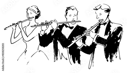 Vector line art illustration of three flutists playing their instruments hand drawn sketch of a classical music wind section ensemble in formal wear