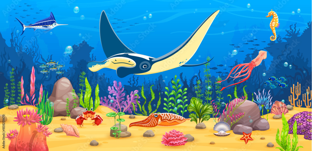 Fototapeta premium Manta ray and sea animals at underwater sea landscape with coral reef fishes, cartoon vector background. Sea or ocean underwater landscape with manta stingray, swordfish or seahorse and funny crab