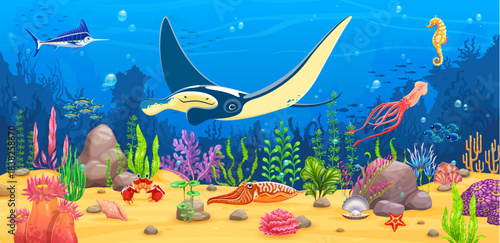 Manta ray and sea animals at underwater sea landscape with coral reef fishes, cartoon vector background. Sea or ocean underwater landscape with manta stingray, swordfish or seahorse and funny crab