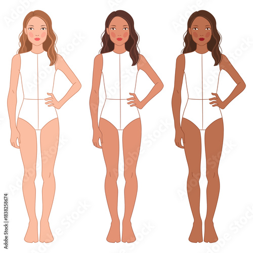 Vector fashion croqui set of an 11–13-year-old girl in three diverse skin tones. Includes clean body proportions, simple pose, and a hairstyle. Perfect for clothing design and fashion sketching.