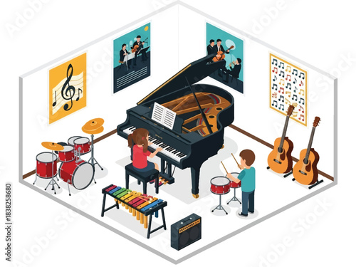 Squared 3D Isometric View Vector of children joining music class with piano, drums, xylophone, guitars, and musical notes decor. Ideal for arts education and creative learning content