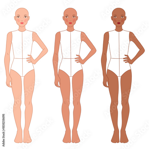 Vector fashion croqui set of an 11–13-year-old girl in three diverse skin tones. Includes clean body proportions, simple pose. Perfect for clothing design and fashion sketching.