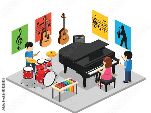 Squared 3D Isometric View Vector of children joining music class with piano, drums, xylophone, guitars, and musical notes decor. Ideal for arts education and creative learning content