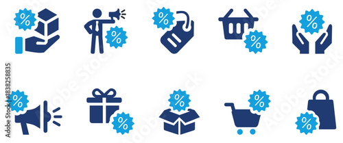 offer icon set vector illustration containg  promotion, sale, discount, shopping, retail, marketing .Solid vector icon symbol 