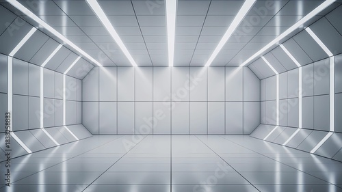 An ambient 3D render of a clean, symmetrical, and highly geometric interior space, resembling a futuristic laboratory
