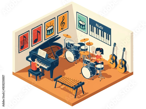 Squared 3D Isometric View Vector of children joining music class with piano, drums, xylophone, guitars, and musical notes decor. Ideal for arts education and creative learning content