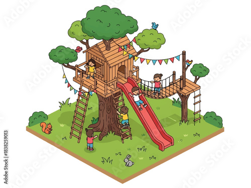 Canvas Print Squared 3D Isometric View Vector of children playing in a wooden treehouse with rope ladder, slide, flags, and surrounding grass