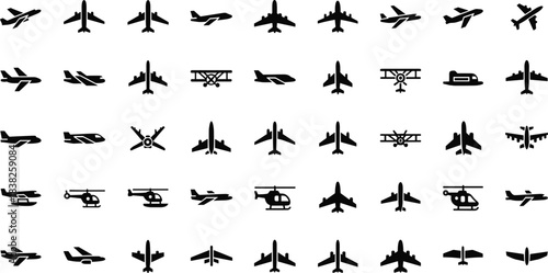 Airplane and helicopter silhouette collection, diverse aircraft icons including jets, biplanes, seaplanes, rotorcraft for aviation design, travel graphics, vector set