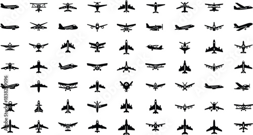 Airplane silhouette collection, diverse aircraft icons including jets, propeller planes, commercial airliners for aviation design, travel graphics, transportation vector set