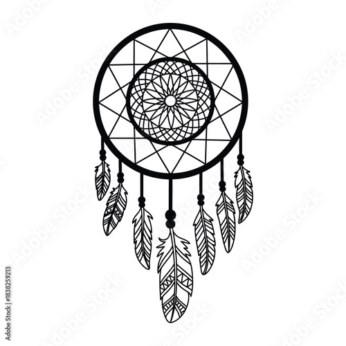 Black Silhouette Dreamcatcher with Feathers black and white