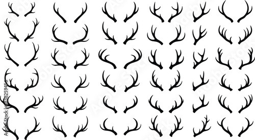Antler silhouette collection, deer horn shapes, rustic hunting and wildlife decorative elements for logos, crafts, woodland design, vector antler set