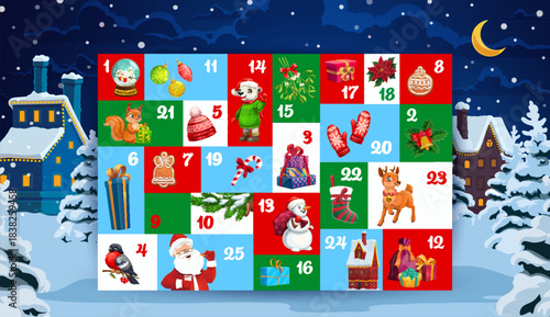 Christmas advent calendar with winter holiday characters, gifts, Santa Claus, baubles and snowman. Vector festive countdown tradition, with numbered compartments, concealing small surprise or treat