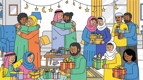 Family and friends gathered together, exchanging gifts in a cozy living room decorated for a festive celebration.