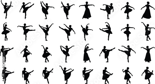 Ballet dancer silhouette collection, elegant dance poses and graceful movement illustrations for choreography, performing arts, creative design projects, vector set