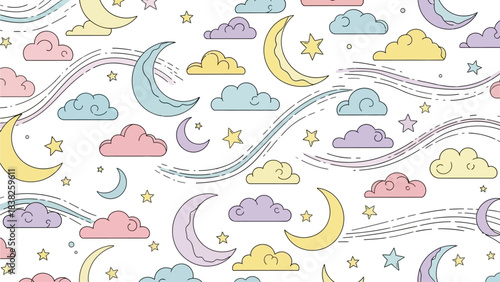 Whimsical clouds, moons, and stars float gently across a white background in a dreamy illustration