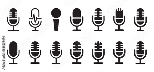 Set of twelve black and white microphone icons in outline and filled styles