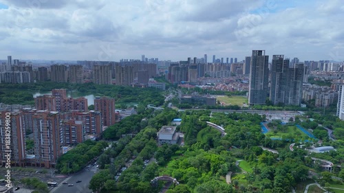 Aerial View of Foshan District with Urban Skyline and Green Parks