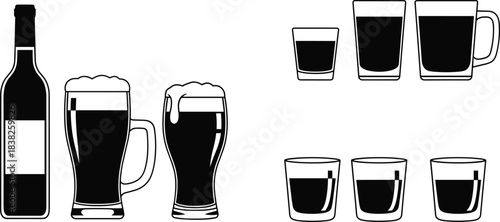 Beer bottle and drinking glass silhouette collection, bar beverage icons featuring mugs, shots, pints for menus, branding, restaurant vector design set