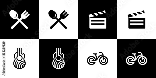 Vector Set of 4 Black and White Hobby and Leisure Activity Icons: Dining, Filmmaking, Music, and Cycling