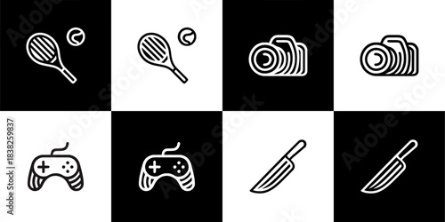Vector Set of 4 Black and White "Hobby, Sport, Technology, and Kitchen Icons: Tennis, Camera, Gamepad, and Knife Line Art Glyph Collection"