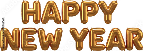 Shining metallic gold foil balloon typography vector spelling out "HAPPY NEW YEAR," perfect for festive New Year's Eve party invitations, digital banners, celebratory backgrounds, and seasonal posters