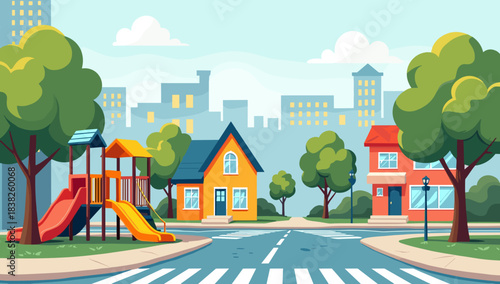 Colorful neighborhood playground with houses and city skyline in background